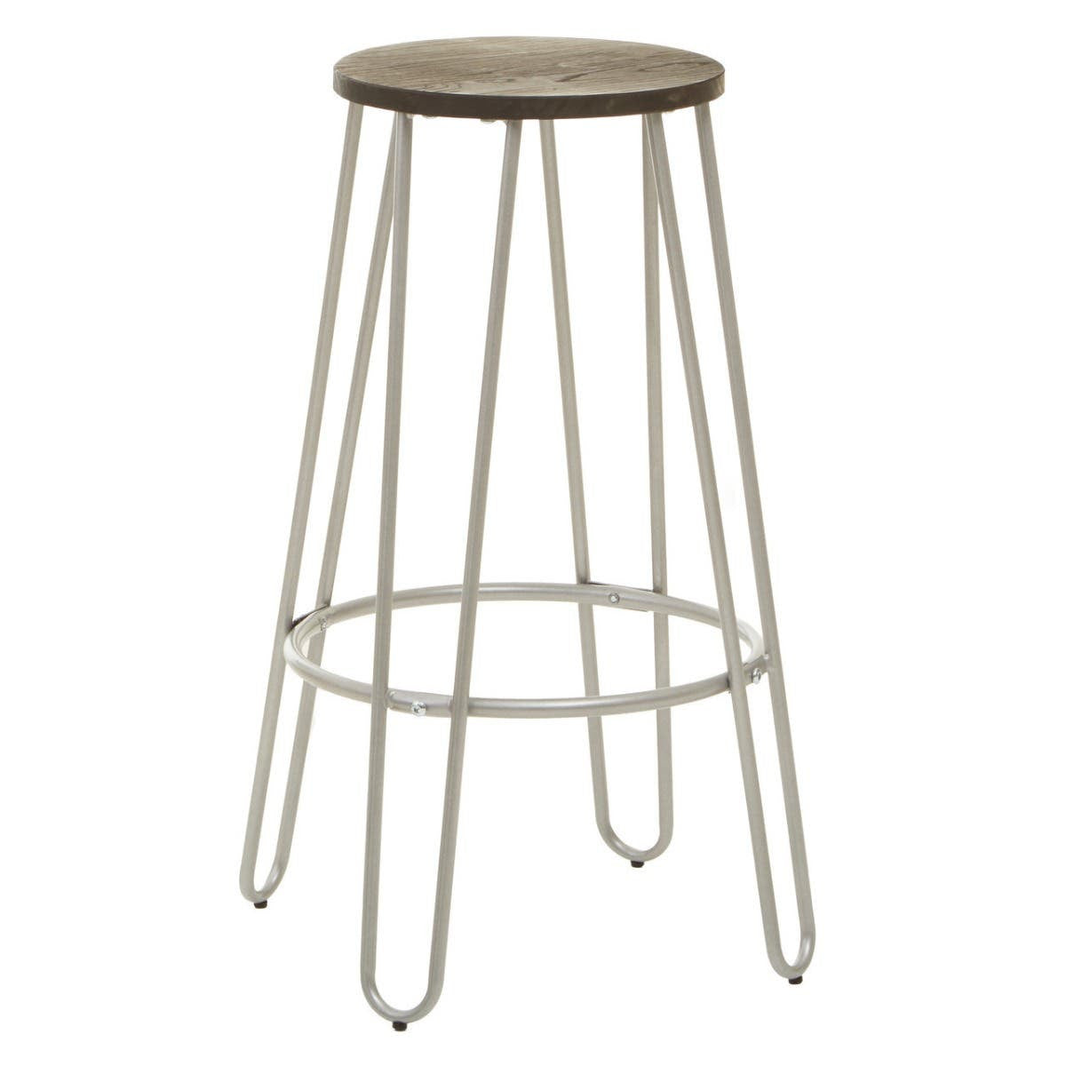 A barstool featuring a round wooden seat and slender silver metal legs, designed with a minimalist aesthetic. The legs are arranged in a geometric pattern, providing stability and a modern look