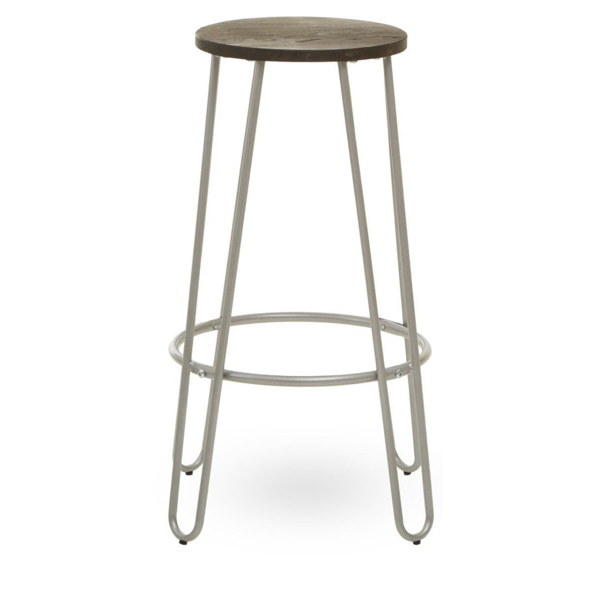 Barstool featuring a round wooden seat with a natural finish and sleek silver metal legs, designed with a minimalist aesthetic. The legs are slender and include a circular footrest for added comfort