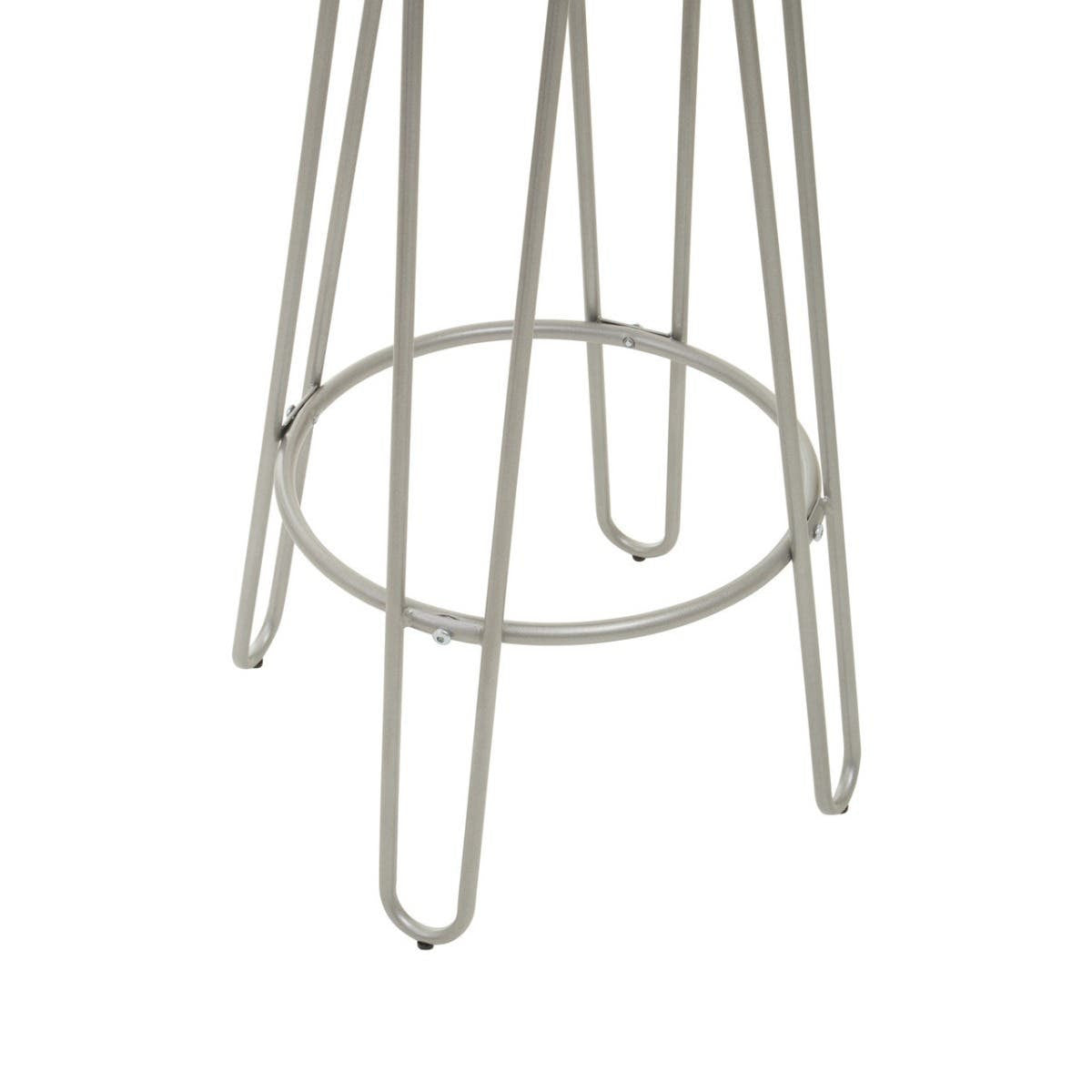 A sleek barstool featuring a round seat and slender silver metal legs, designed with a minimalist aesthetic. The legs are arranged in a geometric pattern, providing stability and a modern look