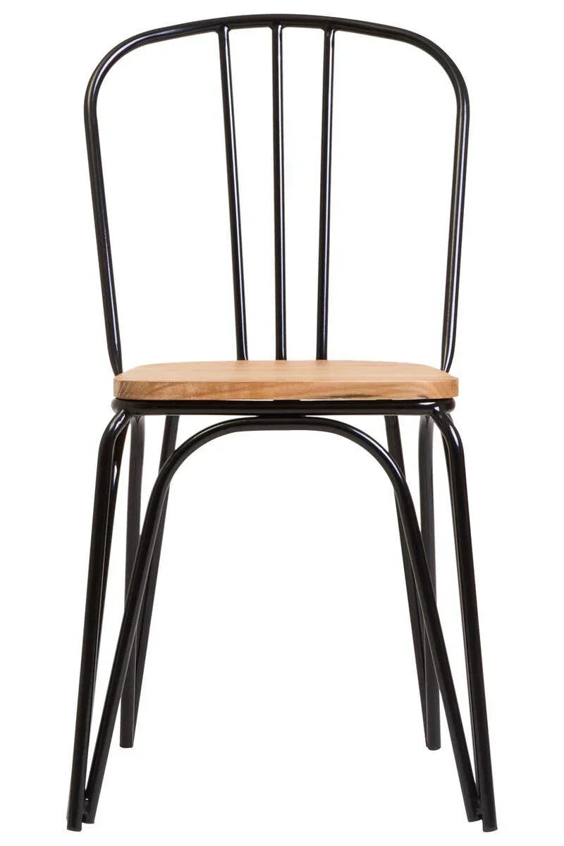 Black metal dining chair with wooden seat, straight backrest and slim frame, front view