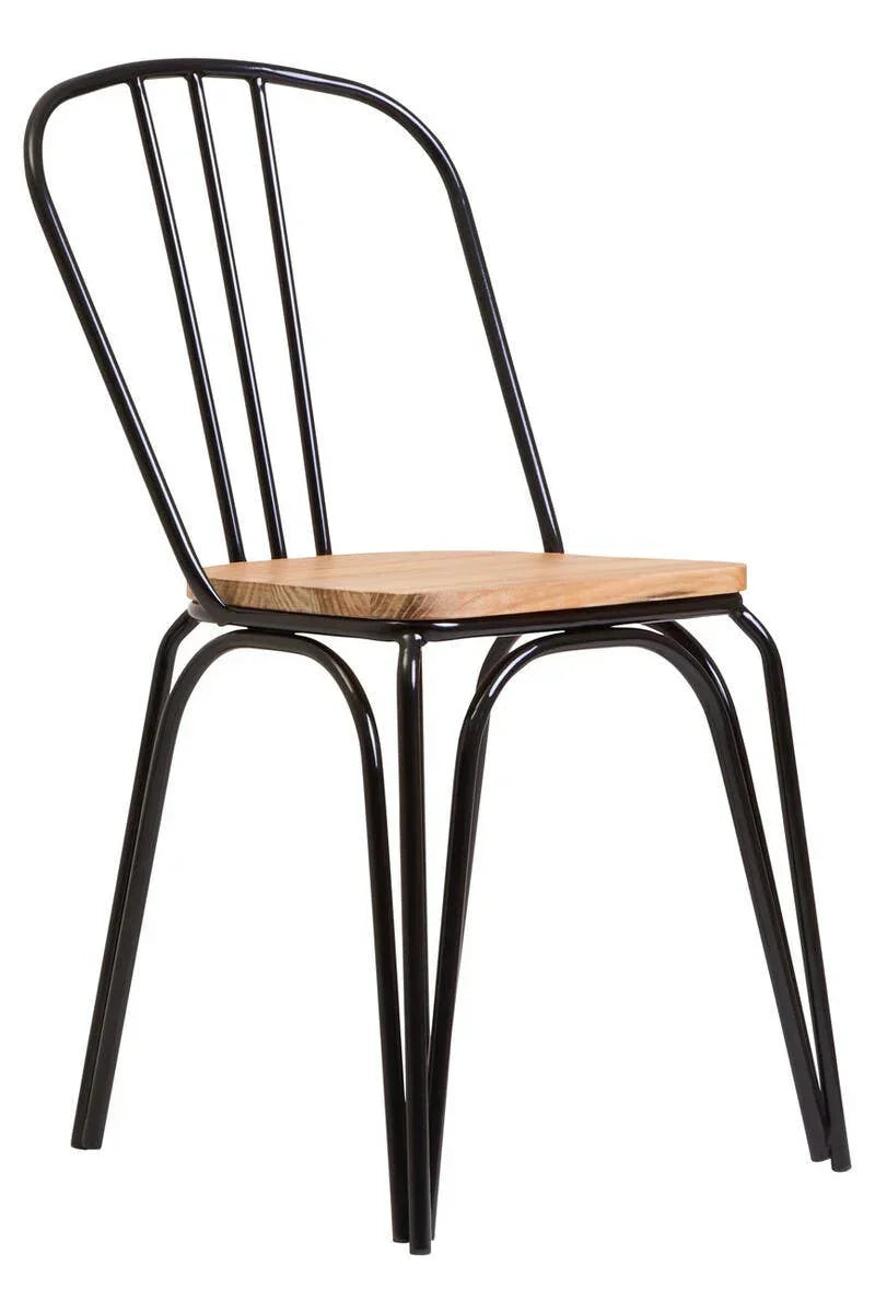 Dining chair with black metal frame and light wood seat, angled side view