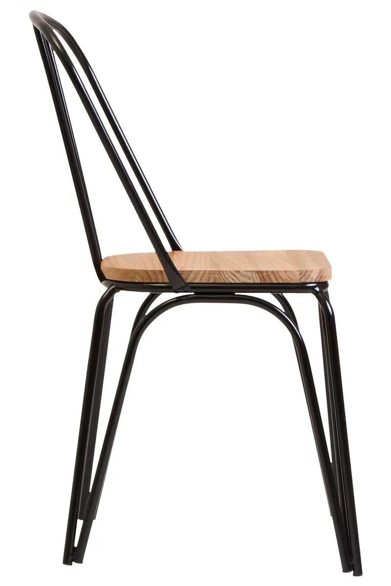 Side view of dining chair with black metal frame and light wood seat