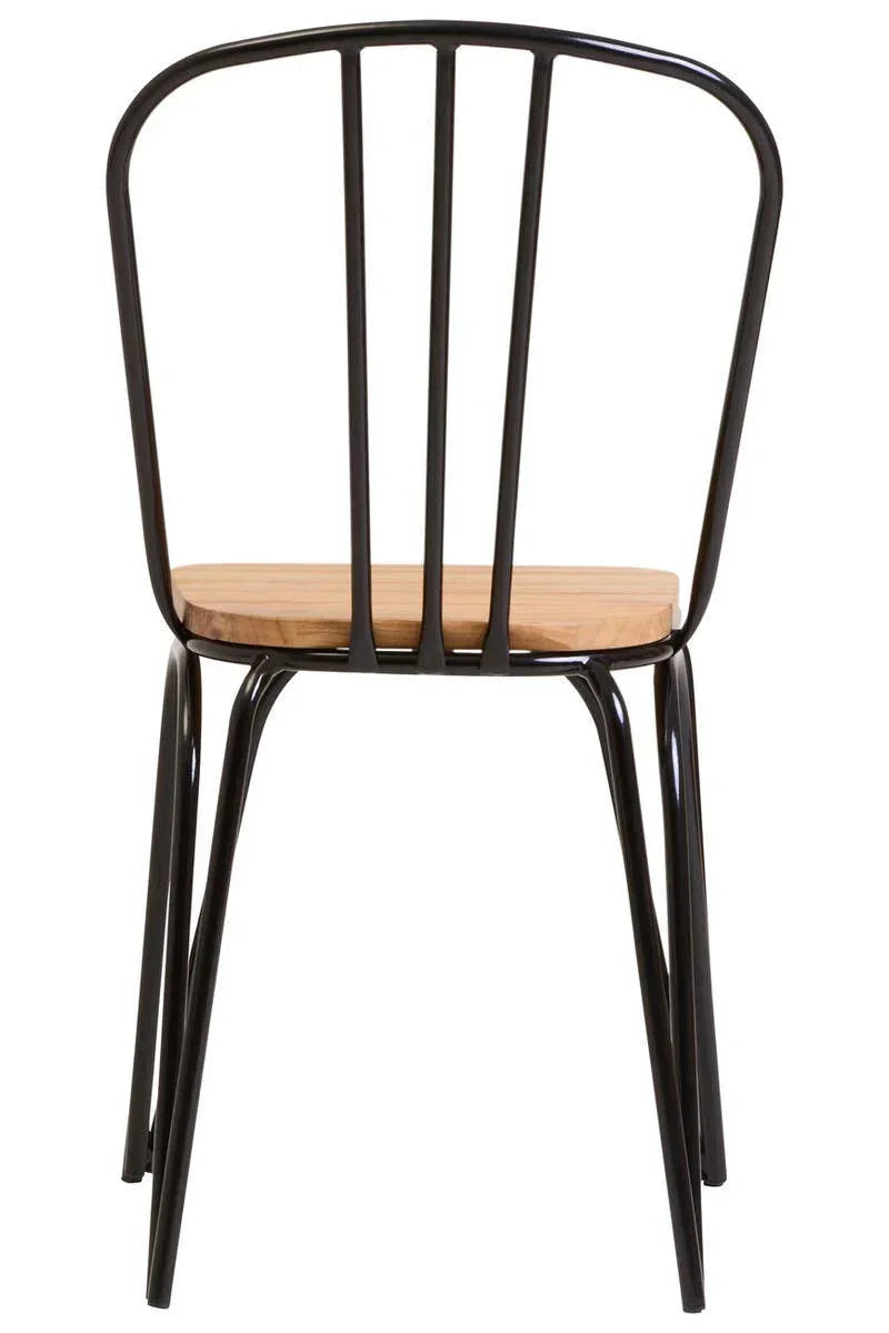 Black metal dining chair with wooden seat shown from the back