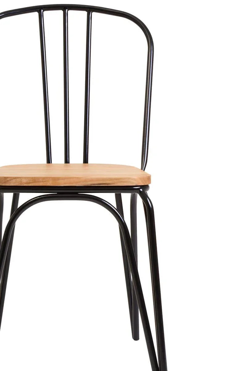 black metal dining chair with wooden seat, vertical slat back, front view