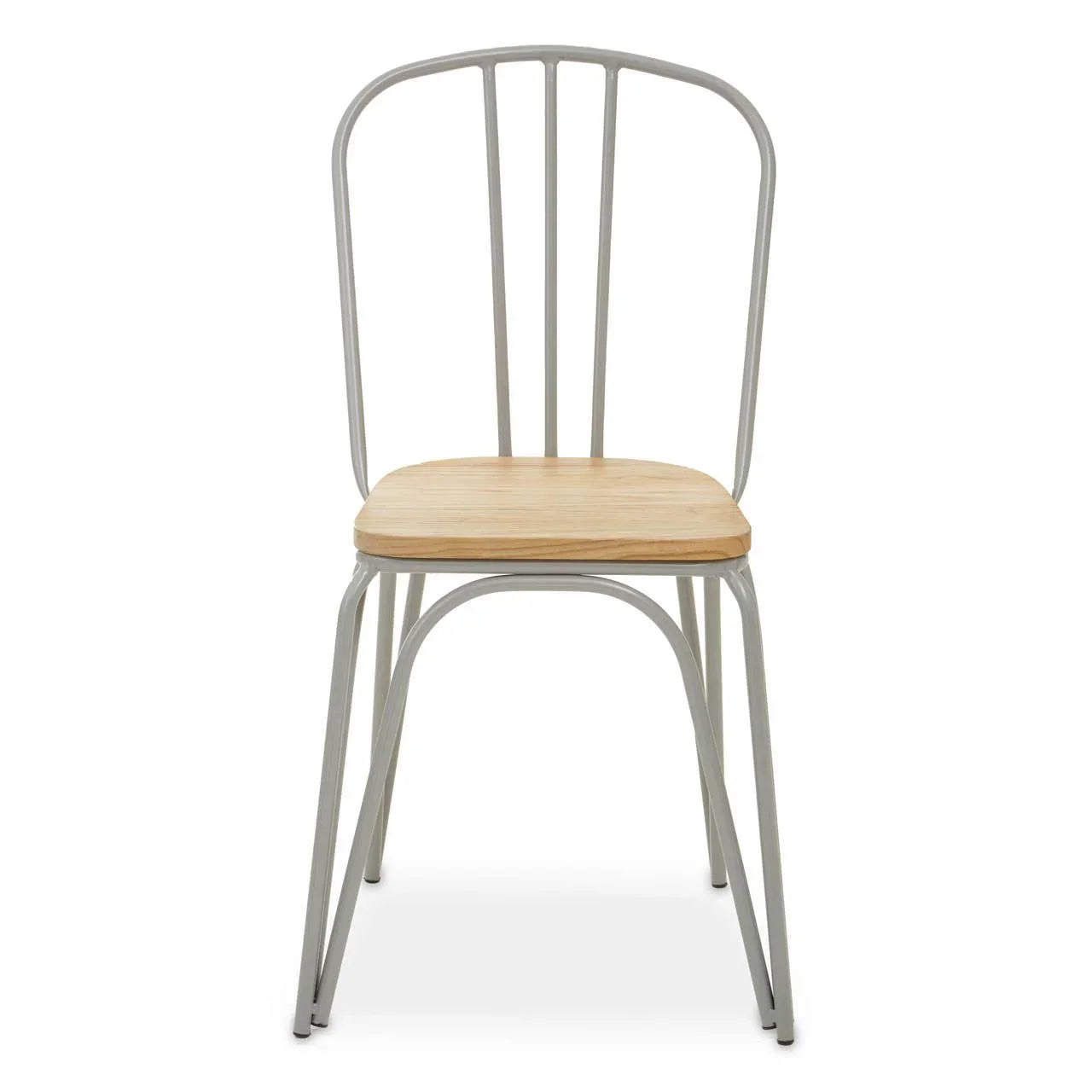 Metal dining chair with light wood seat and vertical slat backrest, front view