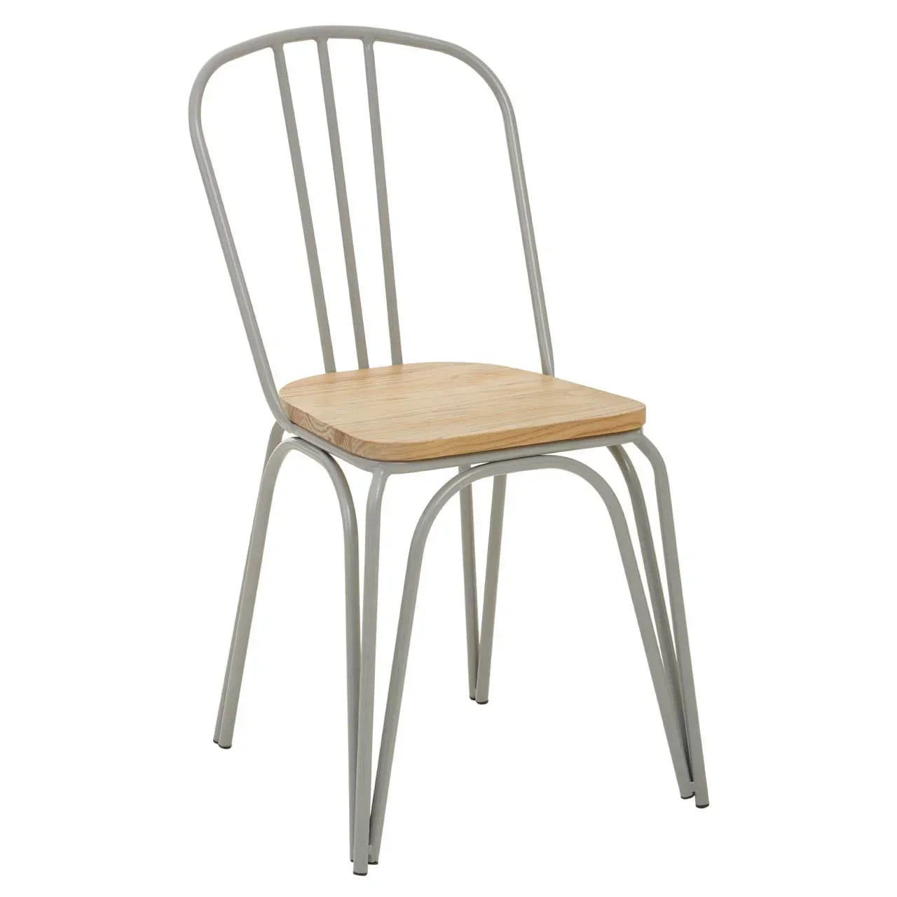 Metal dining chair with light wood seat and curved backrest, side angle view