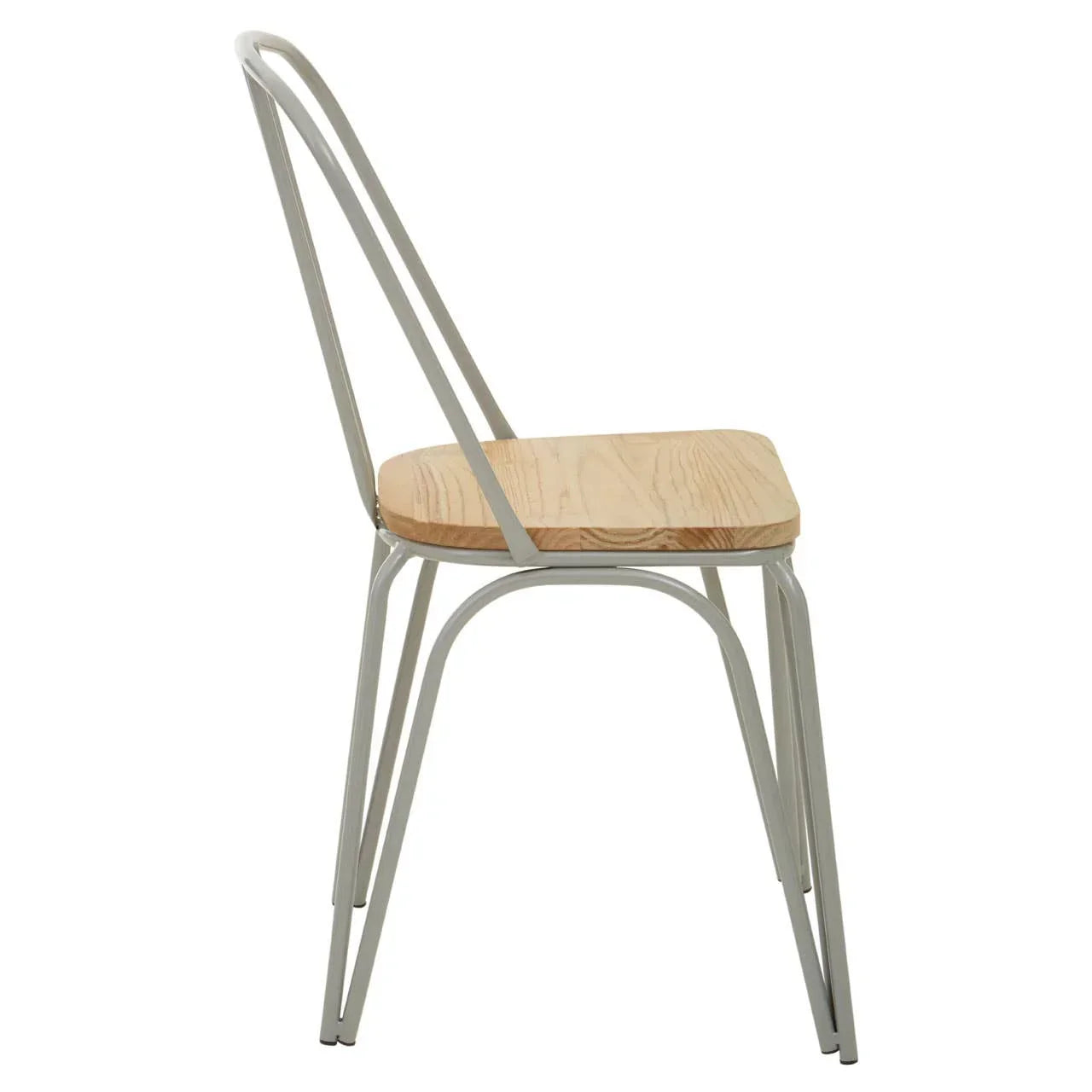 Side view of dining chair with light wood seat and white metal frame
