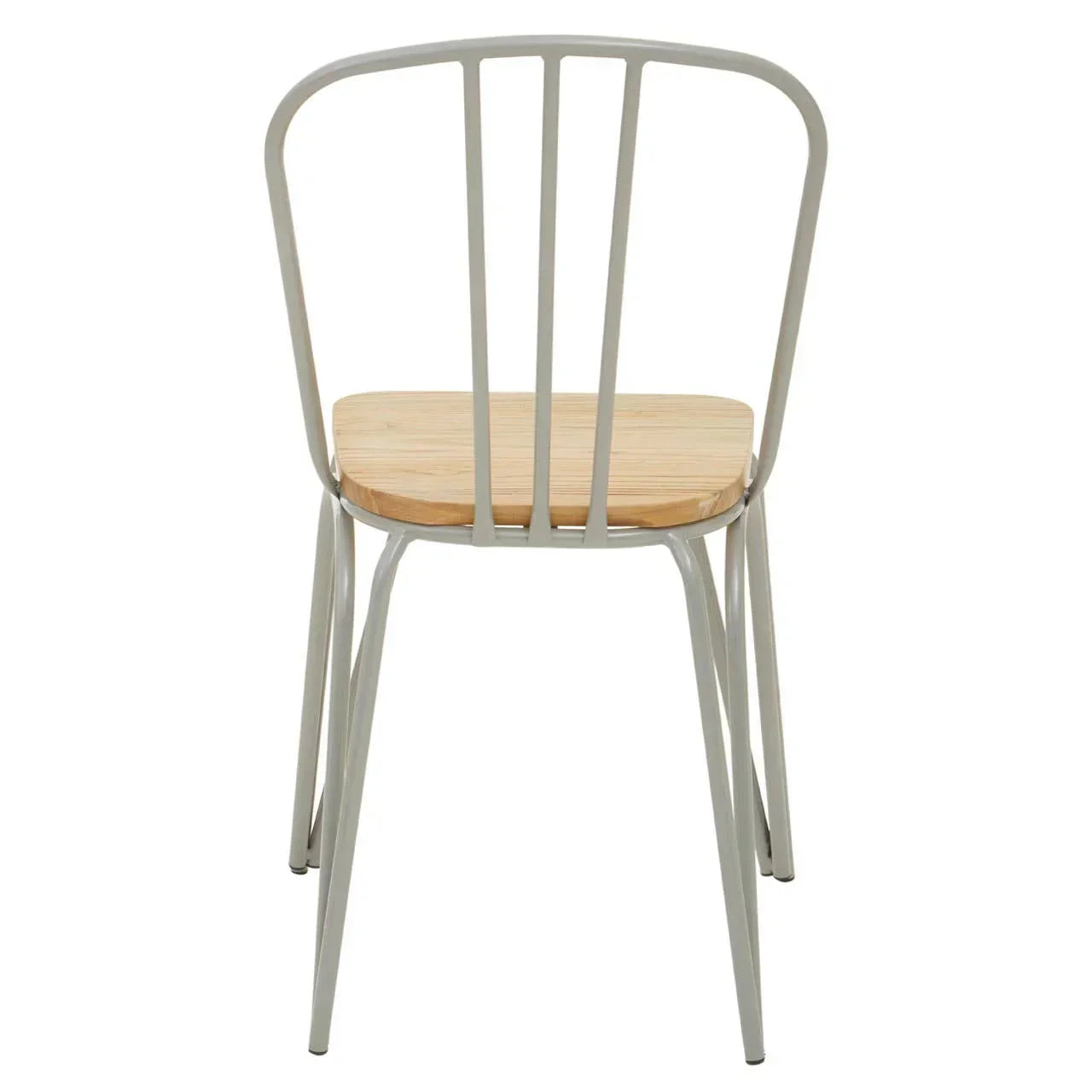Metal dining chair with light wood seat and slatted back, rear view