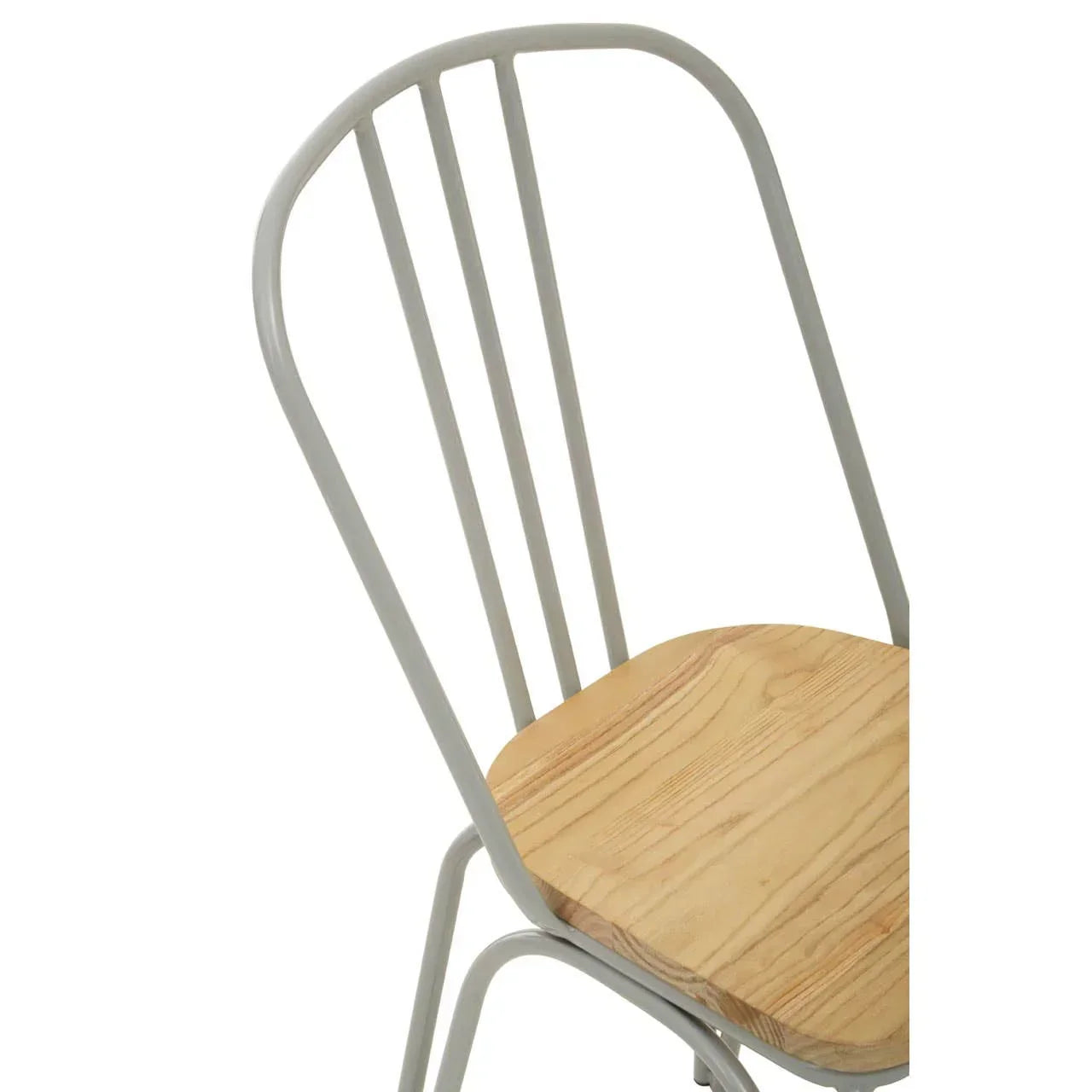 Metal dining chair with light wood seat and curved slatted backrest