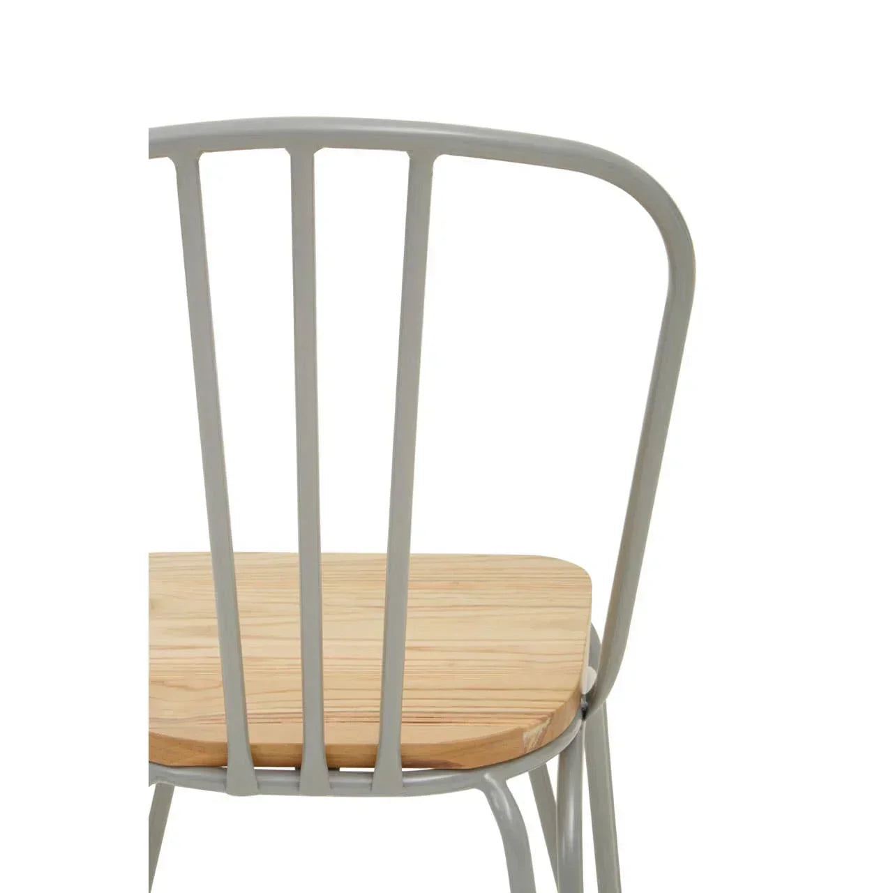 Grey metal dining chair with natural wood seat, rear view of backrest and slatted design