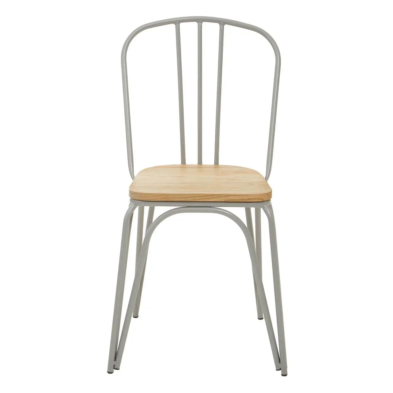 Metal dining chair with white frame and light wood seat, shown from the front