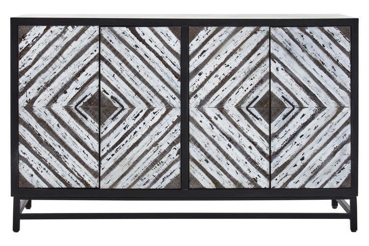 Geometric sideboard with distressed wood finish and diamond pattern doors on black metal legs