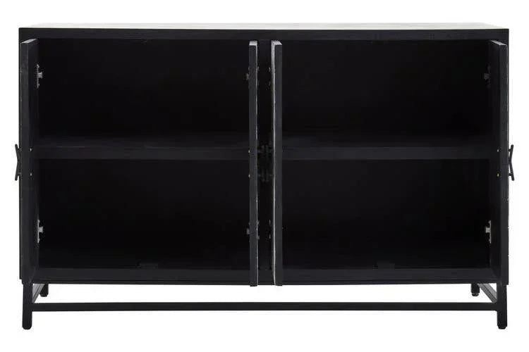 Black sideboard cabinet with open double doors showing two interior shelves