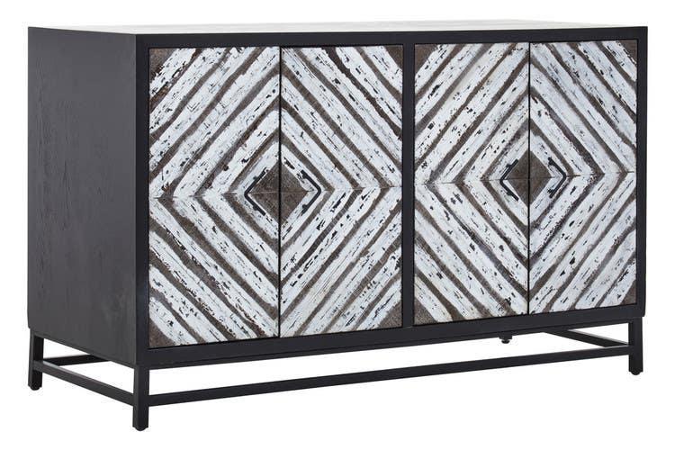 Modern sideboard with geometric wood pattern doors and black metal frame