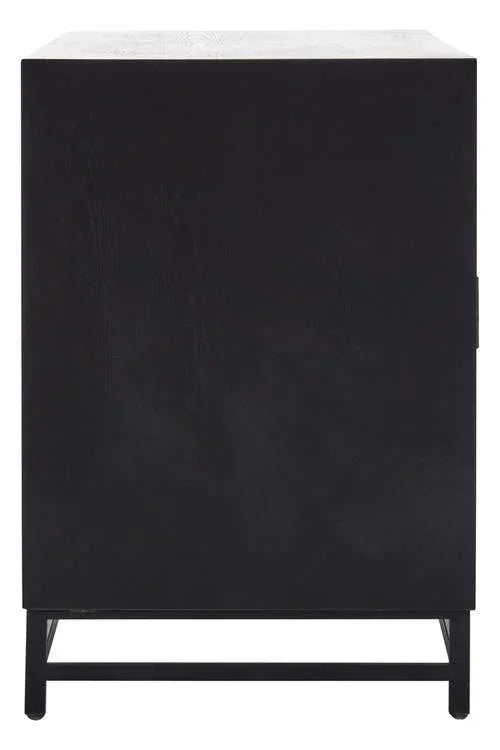Side view of black wooden cabinet with metal legs on white background