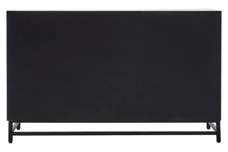 Black sideboard with clean lines and metal base, front view