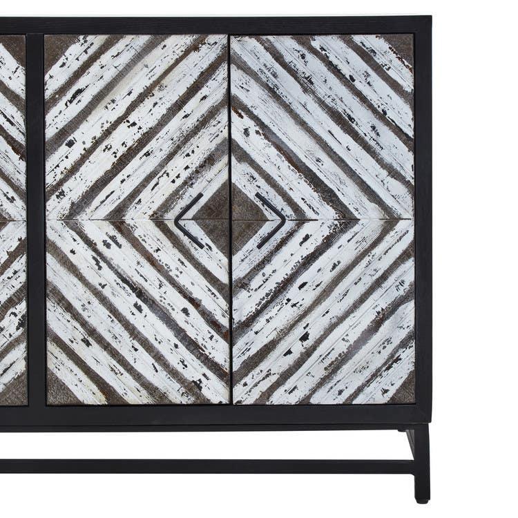 Wooden sideboard with distressed white geometric pattern and black frame