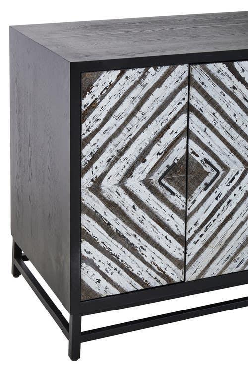 Black wooden sideboard with geometric diamond pattern on front panels, metal legs