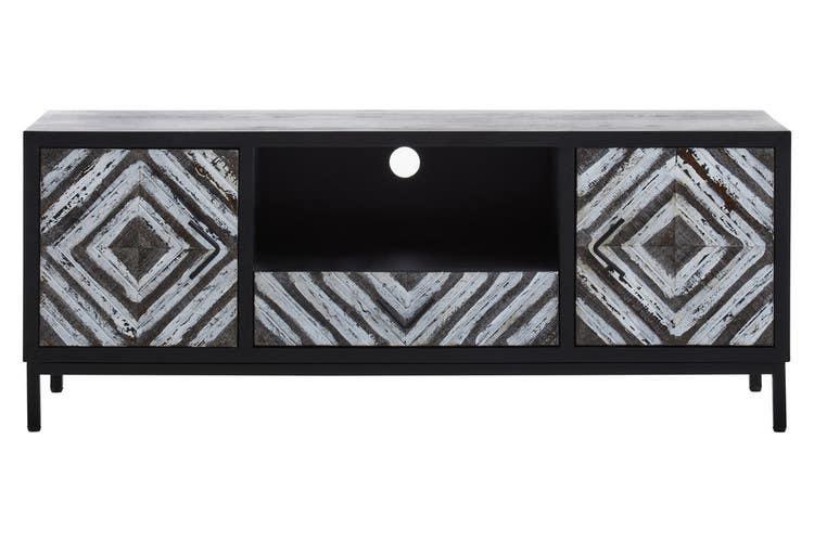 Geometric wood TV unit with black metal legs and central open shelf
