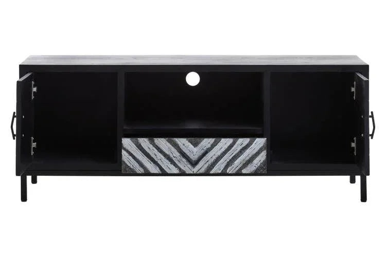 Black TV unit with open side cabinets, central shelf, and chevron patterned drawer front
