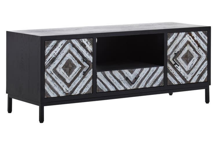 Black wooden sideboard with geometric pattern doors and open central shelf