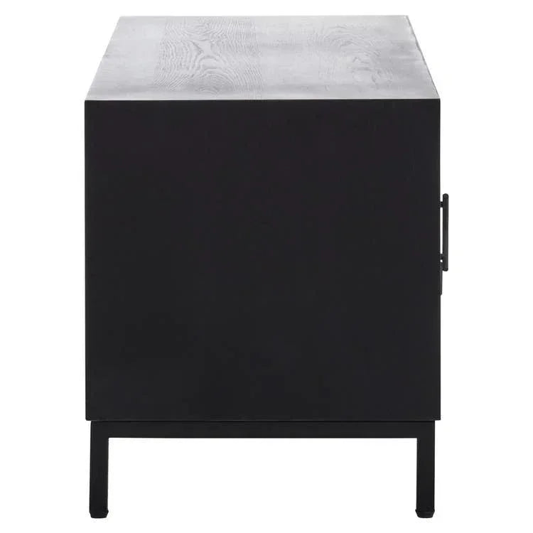 Black wooden sideboard cabinet with metal handle, side profile view