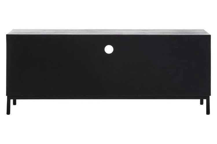 Black TV unit with cable management hole and metal legs, front view
