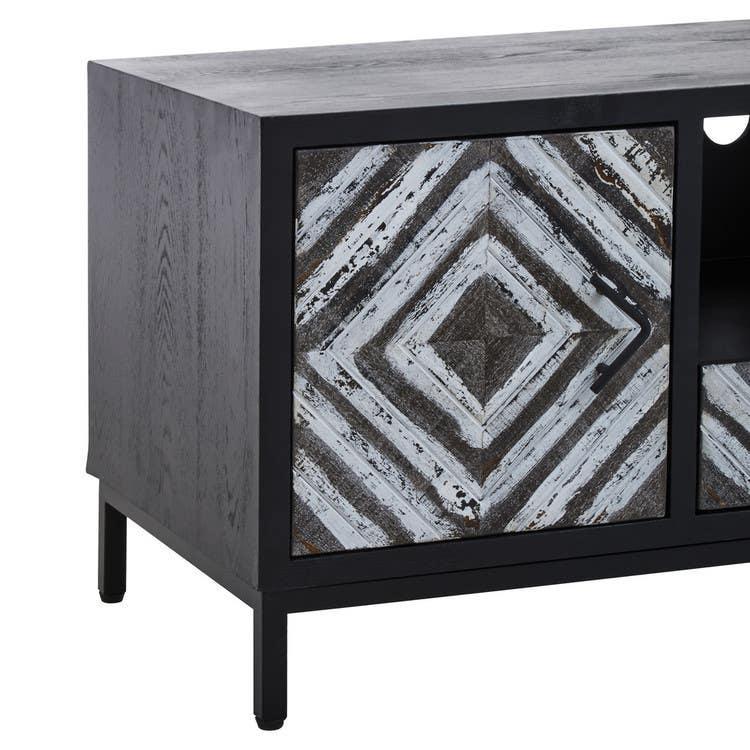Black wood sideboard with geometric patterned cabinet door and metal legs