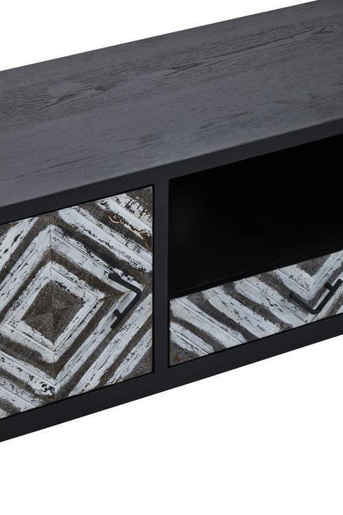 Black wooden TV unit with geometric patterned doors and open shelf section