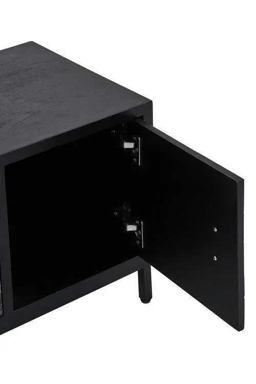 Black wooden cabinet with open door showing storage space and metal hinges