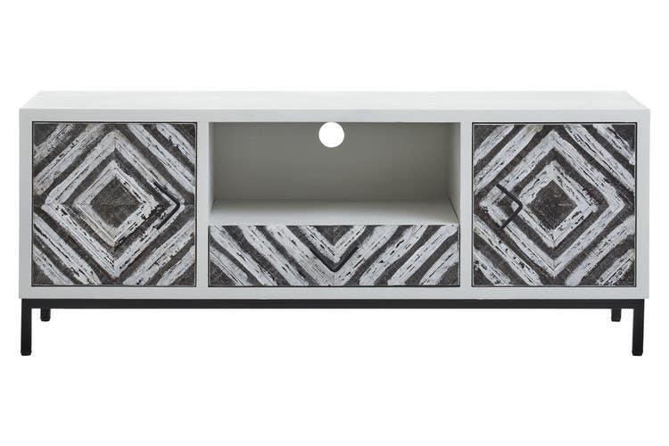 Wooden TV unit with geometric pattern doors, open shelf and black metal legs