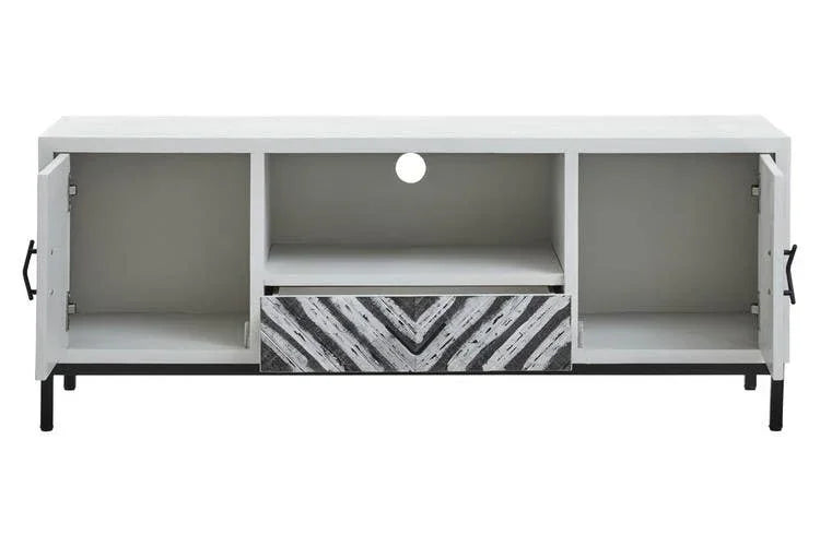 White TV unit with open side cabinets, black chevron drawer, and cable hole on top shelf