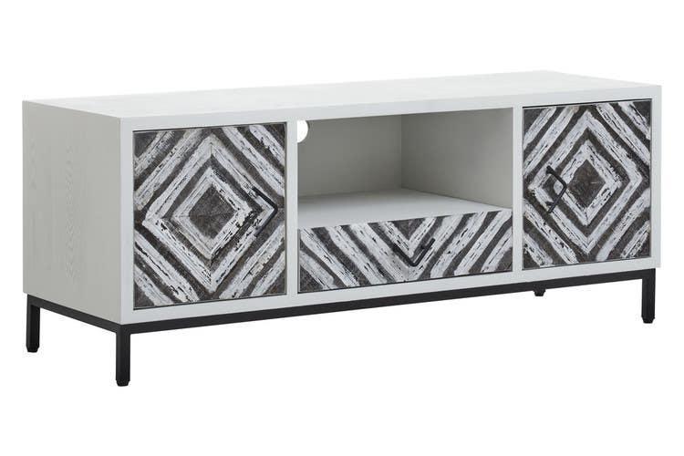Modern TV unit with geometric patterned doors and open central shelf on black metal legs