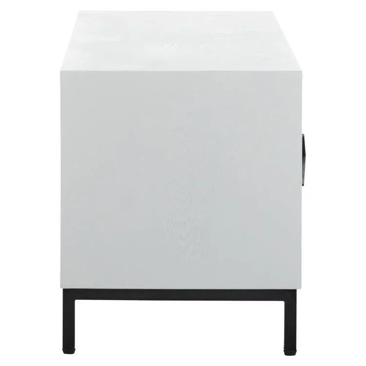 Side view of modern white bedside cabinet with black metal legs