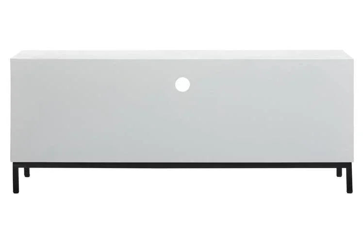 White TV stand with cable hole and black metal legs, front view
