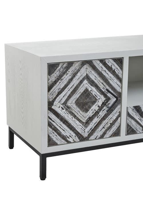 Sideboard cabinet with geometric patterned wood door and black metal legs