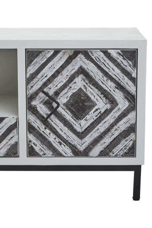 Sideboard cabinet with geometric patterned door, black metal handle and legs