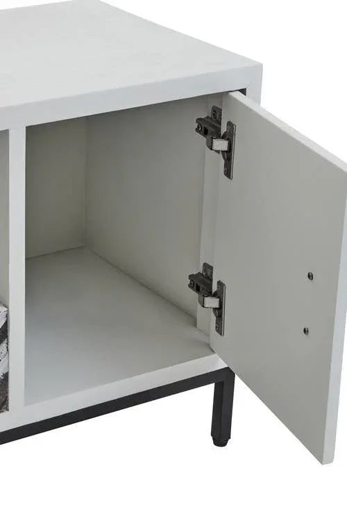 White storage cabinet with open door showing interior shelf and metal hinges