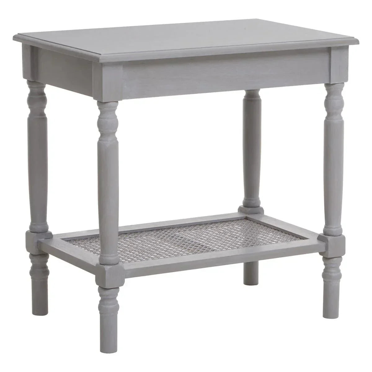 Grey wooden side table with lower mesh shelf and turned legs