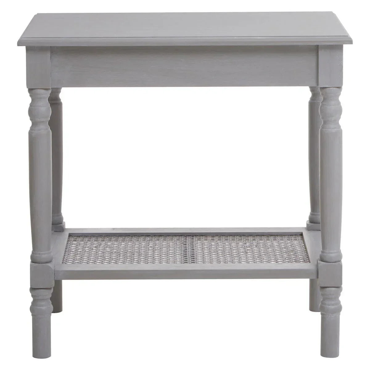 Grey wooden side table with lower rattan shelf and turned legs, front view