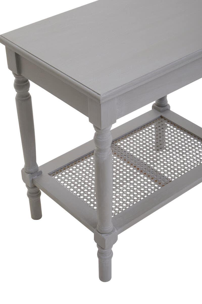 Grey wooden side table with turned legs and rattan lower shelf
