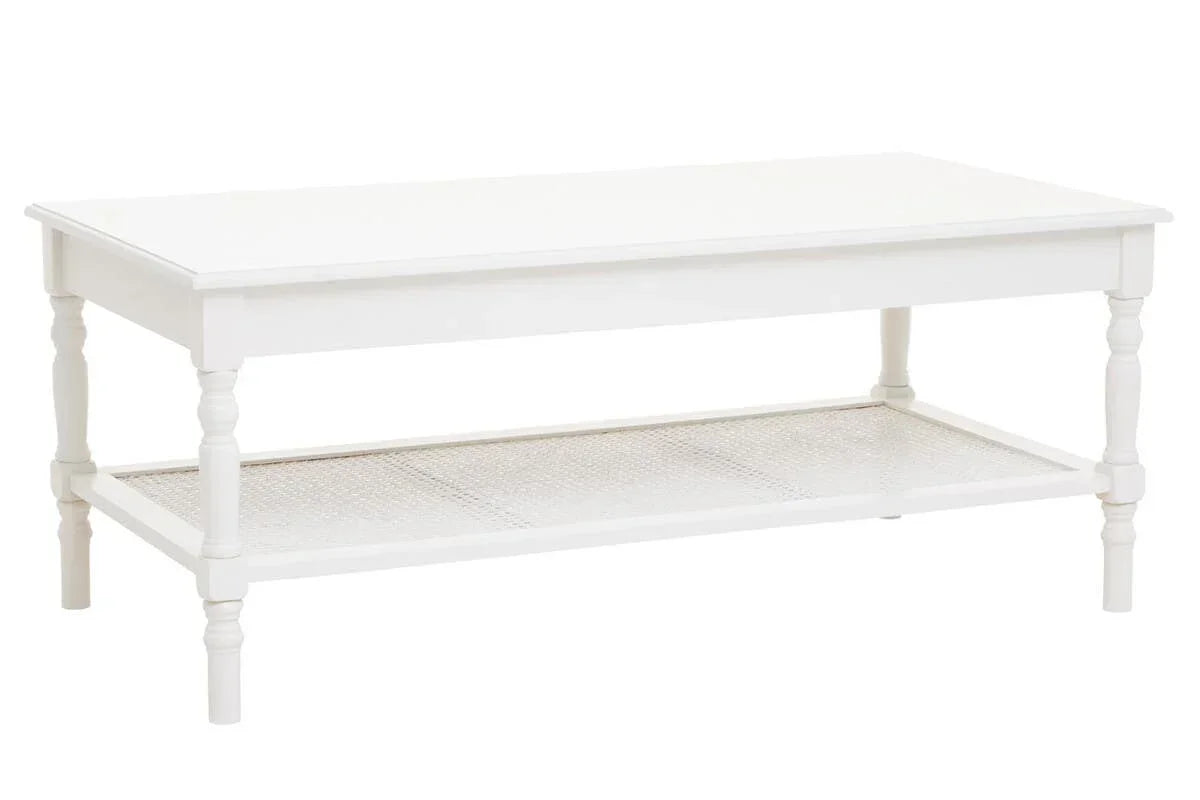 White wooden coffee table with turned legs and lower mesh shelf