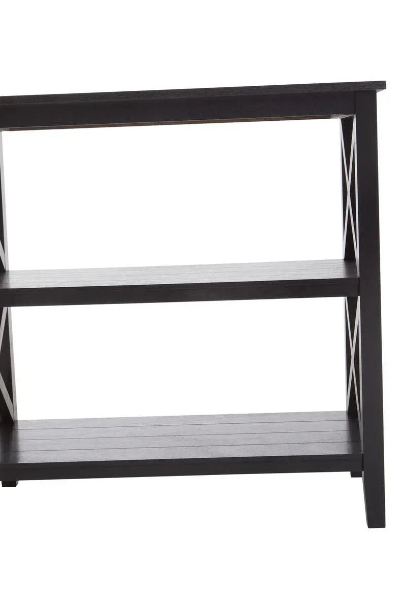 Dark wood console table with open shelves and cross design side panels