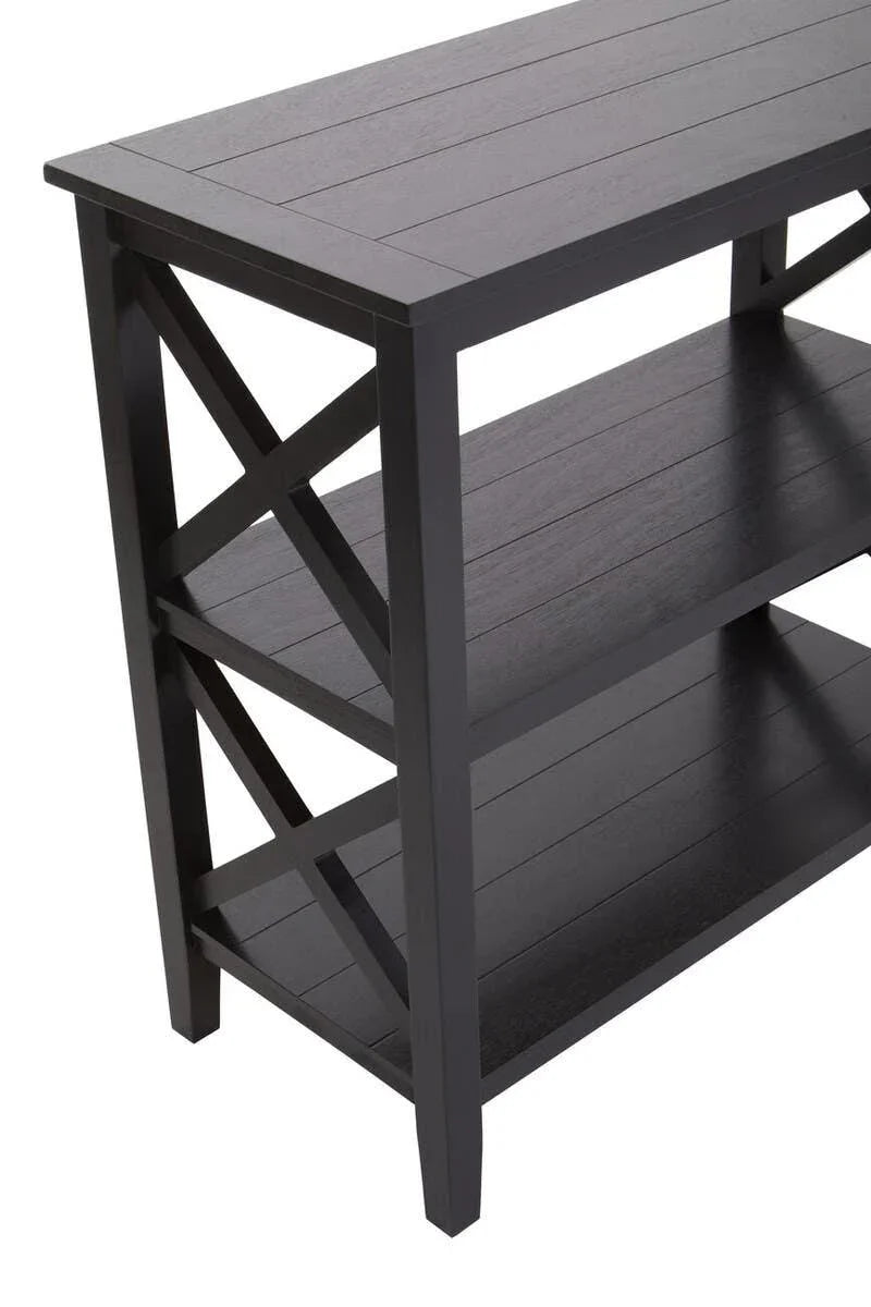 Black wooden console table with two lower shelves and X-frame side detail
