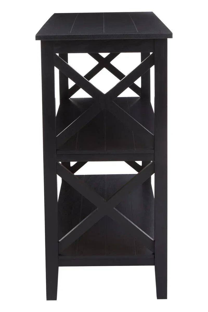 Black wooden side table with open shelves and cross side accents, shown from side view