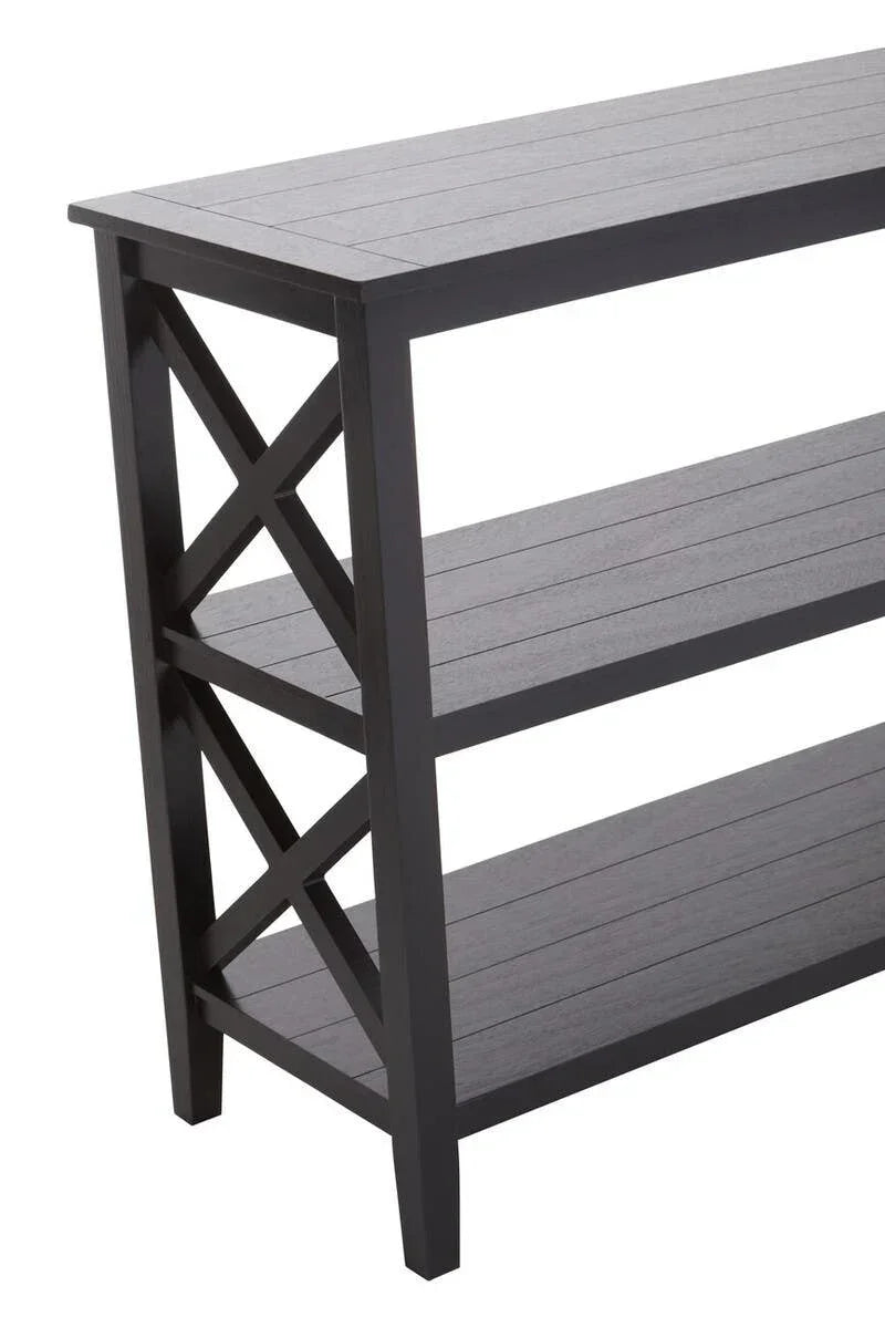 Black wooden console table with X-frame sides and three shelves, angled side view