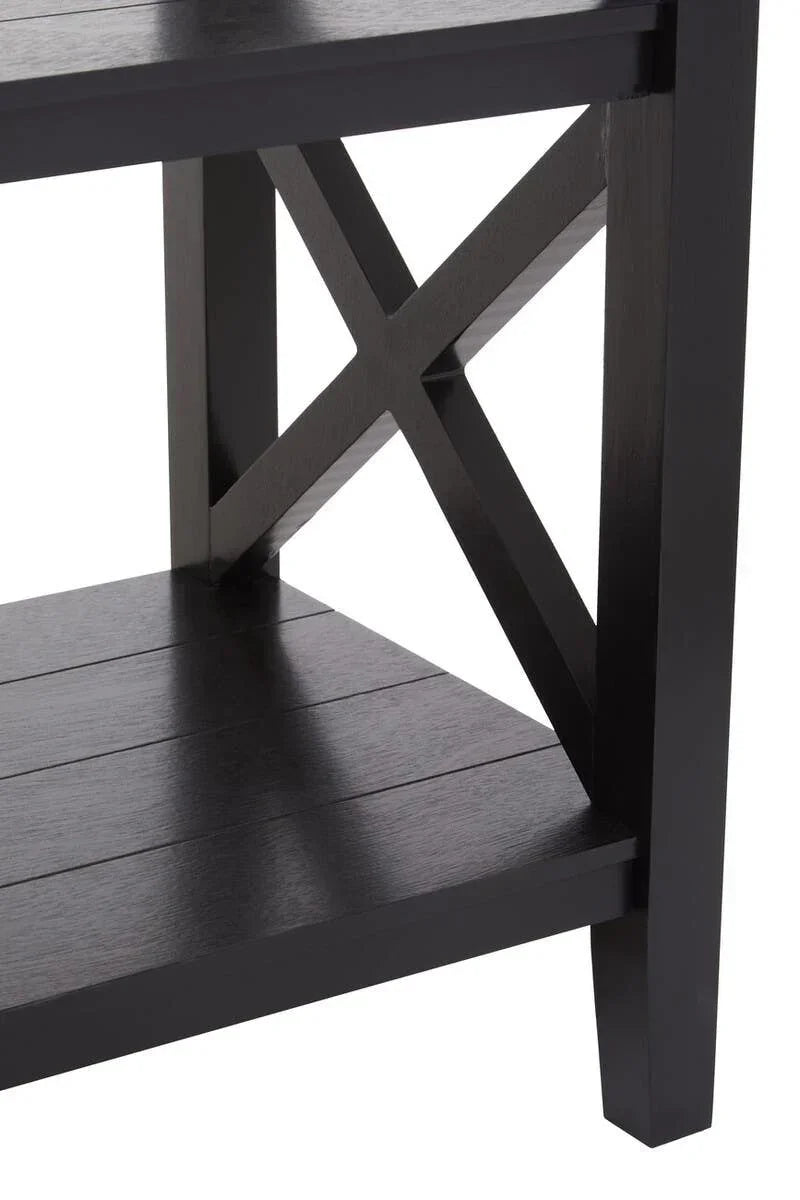 Black wooden shelving unit with X-frame side detail and slatted lower shelf