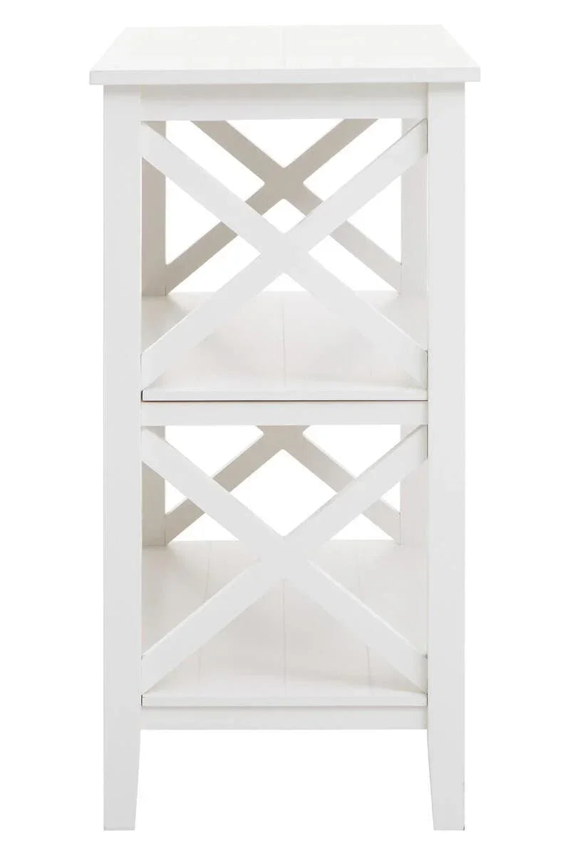 White side table with X-frame shelves and clean lines, shown from the side angle