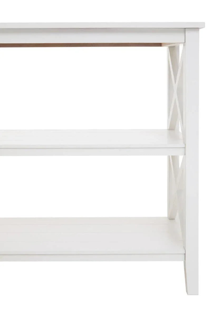 White wooden console table with open shelves and cross side detail