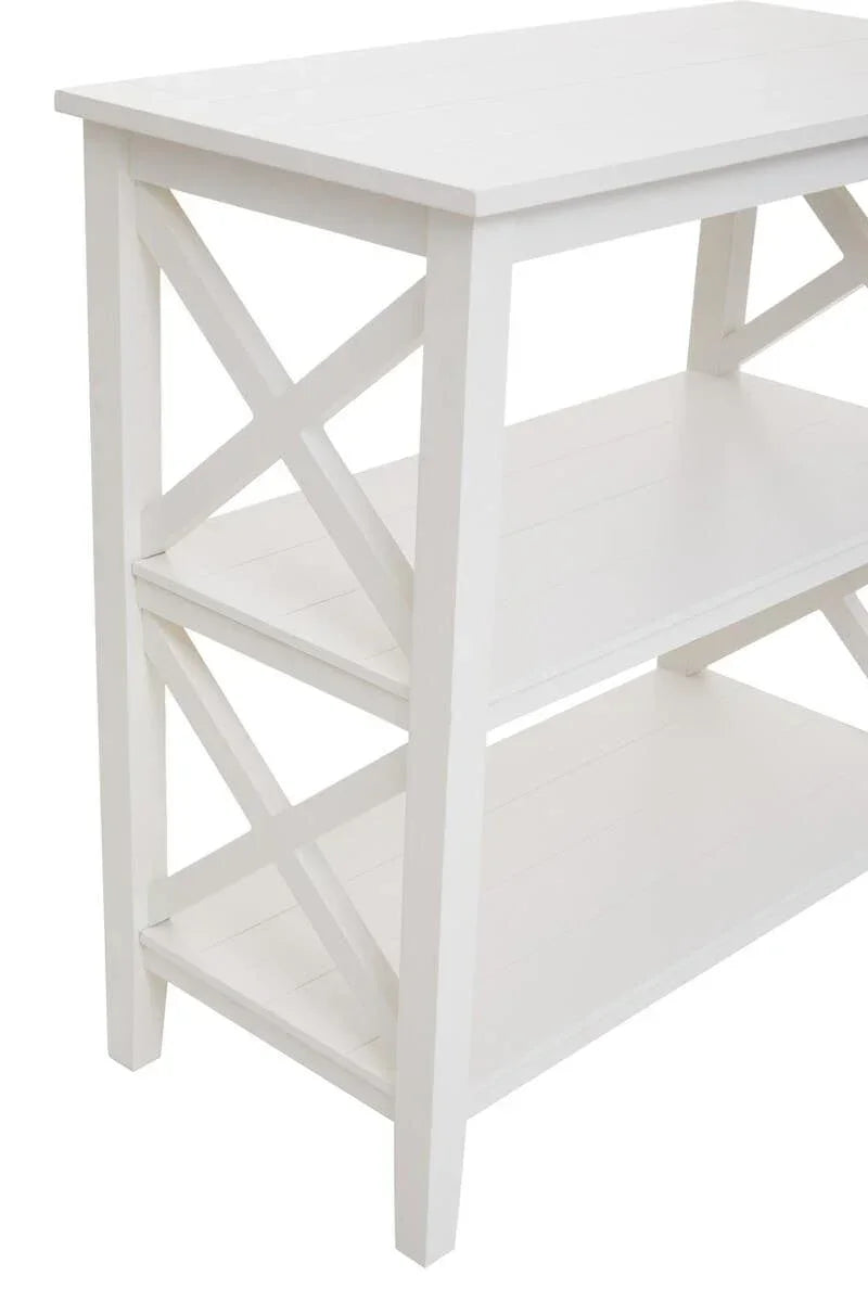 White wooden console table with two lower shelves and cross side detail